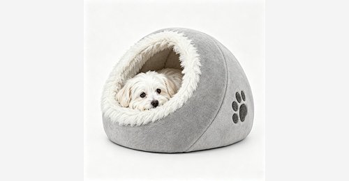 Custom Covered Cat & Dog Bed | OEM & ODM Light Grey Plush Cave Bed with Paw Print - Model MJ-PET003 | Mingjin Pufe China